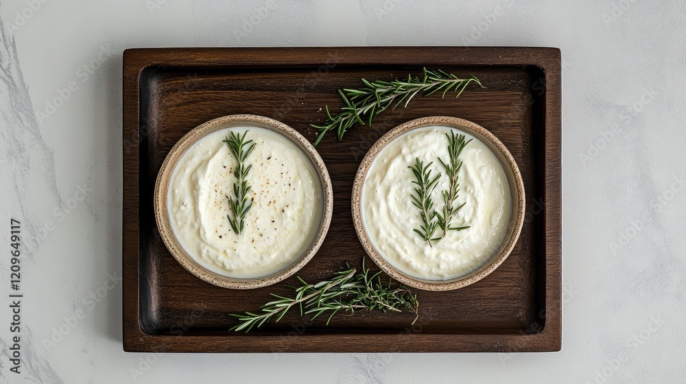 Ricotta cheese and sour cream served in bowls with fresh rosemary on a wooden tray for a rustic culinary presentation Ricotta cheese and sour cream served in bowls with fresh rosemary on a wooden tray for a rustic culinary presentation