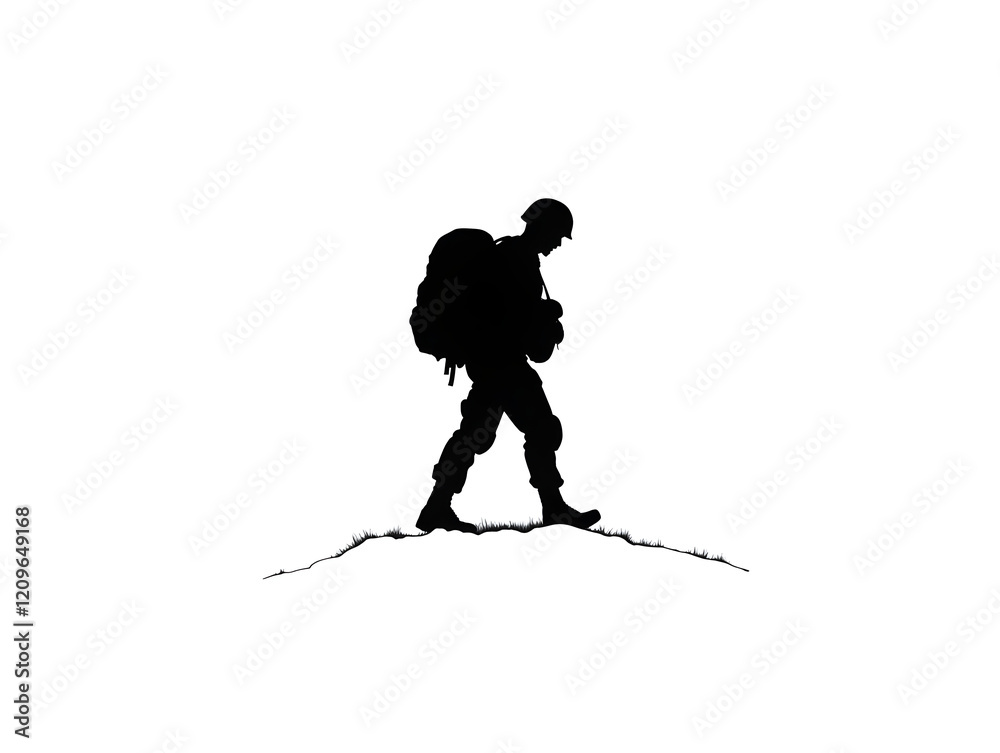 Fototapeta premium A minimalist silhouette of a soldier carrying a heavy pack, symbolizing the burden of war. Soldier with heavy pack.