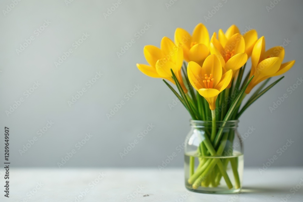 Yellow crocus blooming in a vase with greenery, flowers, spring flowers yellow crocus, blooming Yellow crocus blooming in a vase with greenery, flowers, spring flowers yellow crocus, blooming