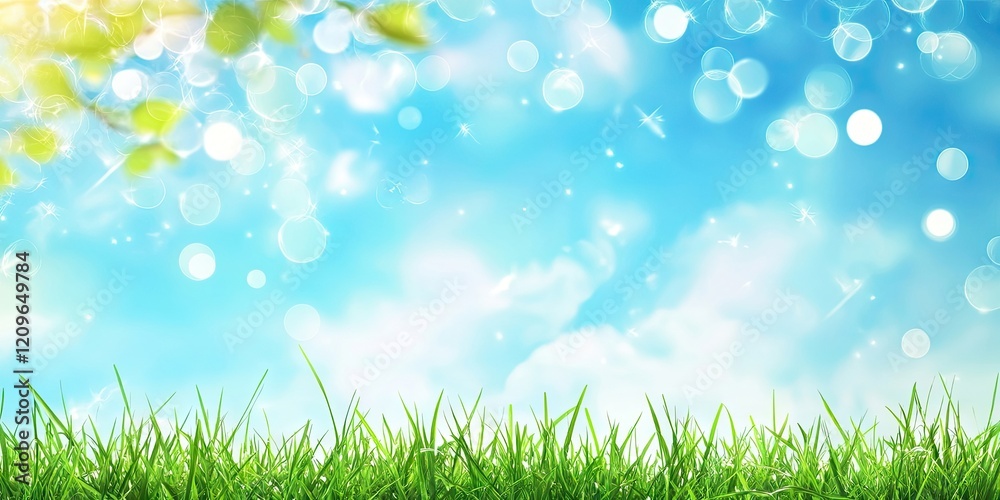 Fototapeta premium Lush green grass in the foreground with a bright blue sky and soft white clouds above featuring a dreamy bokeh effect creating a serene landscape.