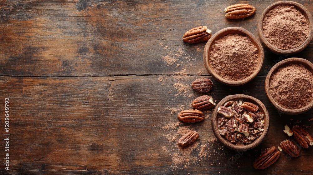 Pecan powder in rustic bowls on wooden background with pecan nuts highlighting gourmet food presentation and kitchen preparation space Pecan powder in rustic bowls on wooden background with pecan nuts highlighting gourmet food presentation and kitchen preparation space