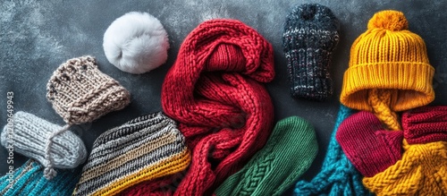 Cozy winter accessories including knit hats scarves and gloves designed for warmth and style during cold weather days photo