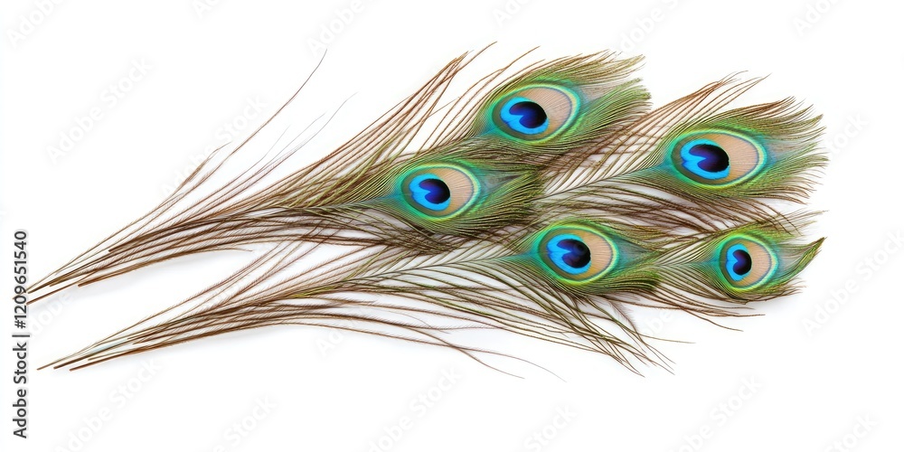 Fototapeta premium Vibrant peacock feathers arranged fan-like on a white background showcasing blue and green eye patterns with long brown shafts on the left side
