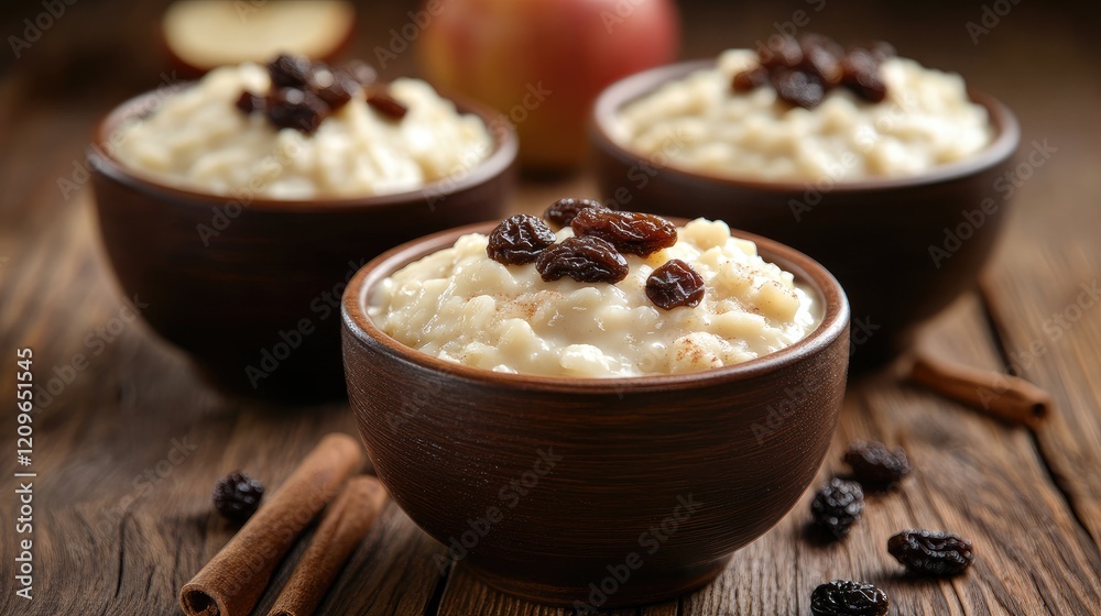 Rice pudding in rustic bowls garnished with cinnamon raisins and apple on a wooden surface classic comfort dessert setting Rice pudding in rustic bowls garnished with cinnamon raisins and apple on a wooden surface classic comfort dessert setting