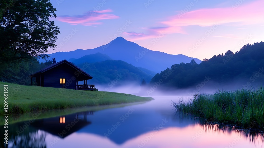 Fototapeta premium Secluded Cabin by a Misty Lake at Sunrise
