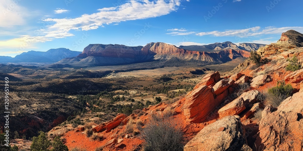 Obraz premium Rugged red and orange ridge-line under clear blue sky with distant mountains and desert valley showcasing vibrant natural scenery and textures