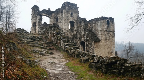 Ancient fortress ruins on a misty hillside surrounded by overgrown vegetation and rocky pathways.