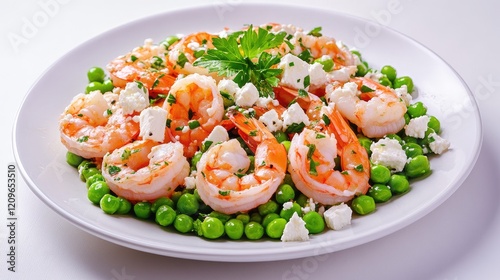 Seafood Salad with Shrimp Peas and Feta Cheese on White Plate Fresh Italian Cuisine Summer Lunch Idea Healthy Dinner Option photo