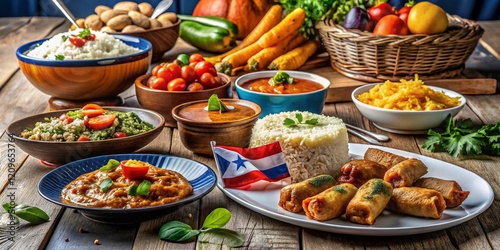 Dominican Republic Lunch: Colorful Food & Flag,  Traditional Cuisine, Vibrant Flavors photo