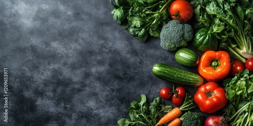 Vibrant organic vegetables including tomatoes, bell pepper, and broccoli arranged on a dark gray textured background with ample copy space on the right
