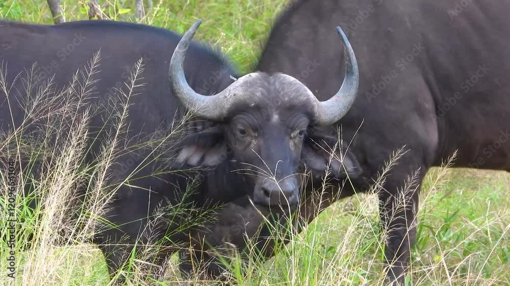 Young buffalo eating grass in the nature at the Kruger National Park in South Africa, having another buffalo next to him and spontaniously looking at the camera in short distace. Young buffalo eating grass in the nature at the Kruger National Park in South Africa, having another buffalo next to him and spontaniously looking at the camera in short distace.