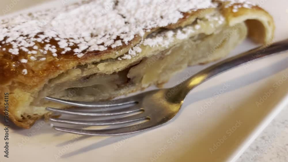 Close-up of a fork near a slice of apple strudel generously dusted with powdered sugar, ready to be enjoyed, showcasing the flaky pastry and sweet filling
