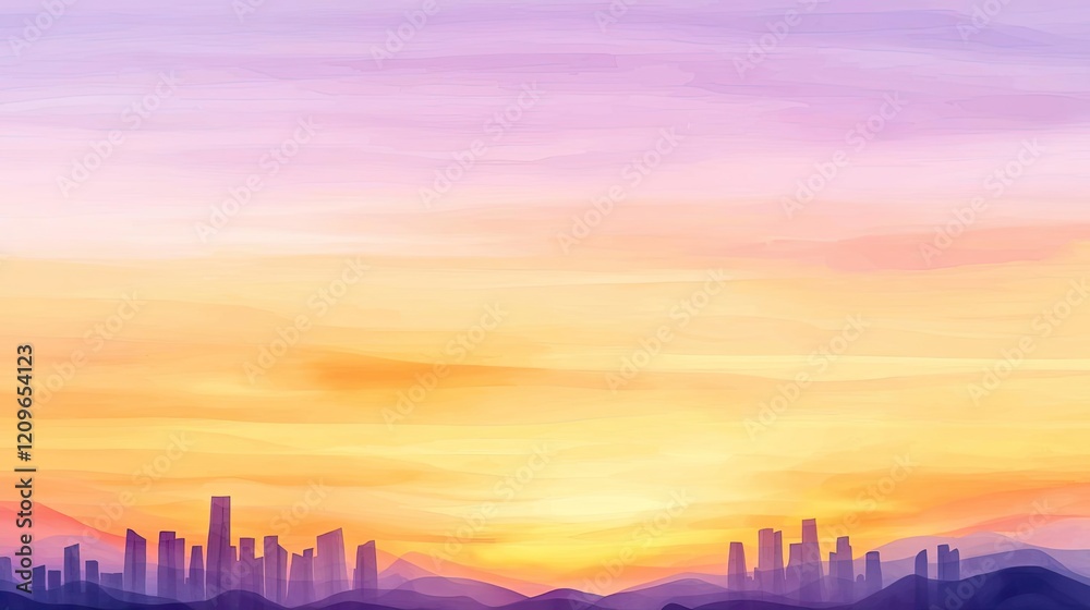 Fototapeta premium Sunset watercolor concept. Stunning sunset over a city skyline, blending colors of purple, orange, and gold.