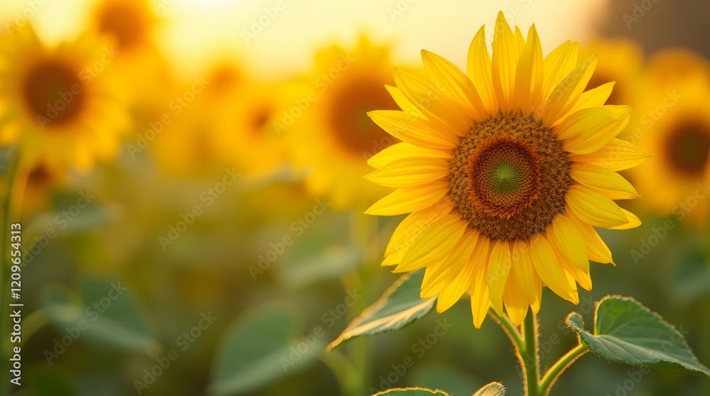Fototapeta premium Stunning Sunflower Field at Sunset Golden Hour Photography