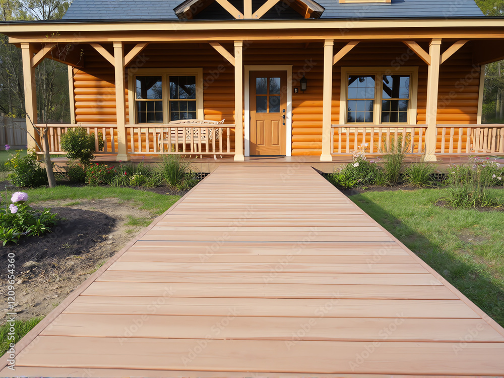 Wooden walkway leading to a house, surrounded by greenery, inviting and well-maintained. Wooden walkway leading to a house, surrounded by greenery, inviting and well-maintained.