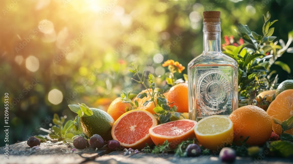 Citrus fruit & clear liquor bottle in garden setting. Citrus fruit & clear liquor bottle in garden setting.