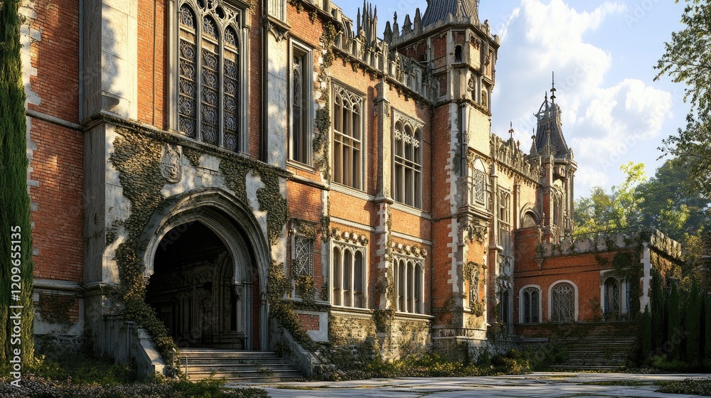 Fototapeta premium Majestic Gothic Castle Surrounded by Lush Greenery with Historical Architecture and Intricate Design Elements