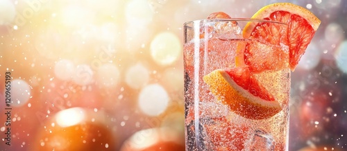 Elegant sparkling pink grapefruit cocktail served in a tall glass with ice and citrus slices at a vibrant upscale bar, featuring colorful bokeh lights and condensation. photo