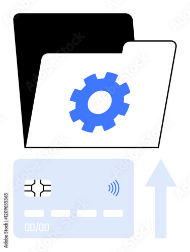 Folder with gear icon, credit card, and upward arrow representing data storage, digital payments, and file transfer. Ideal for fintech, online payments, automation, cloud storage cybersecurity