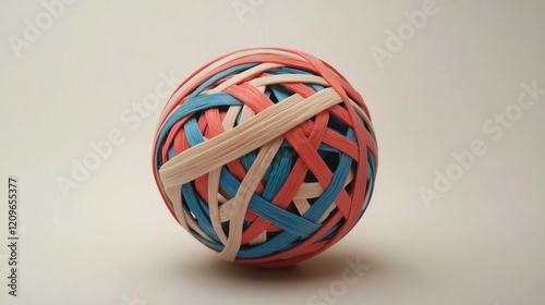 Colorful Rubber Bands Ball on a Neutral Background Showcasing Textural Detail and Creative Arrangement of Elastic Bands