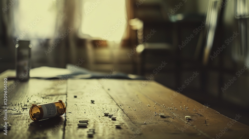 Empty prescription pill bottle on wooden table with scattered pills and medical chart, symbolizing the opioid crisis and healthcare challenges in modern society. Empty prescription pill bottle on wooden table with scattered pills and medical chart, symbolizing the opioid crisis and healthcare challenges in modern society.