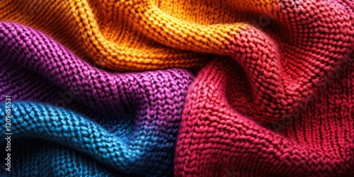 Wallpaper Mural Vibrant multicolored knitwear fabric with shades of purple, pink, orange, and blue in a soft, textured pattern draped dynamically across the frame. Torontodigital.ca