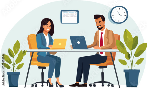 Illustration of Professionals in Business Meeting – Team Discussing Work on Laptop and Tablet in Modern Office, Showcasing Teamwork, Collaboration, and Corporate Productivity