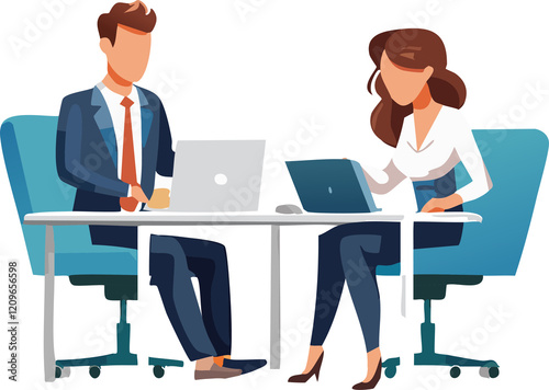 Illustration of Professionals in Business Meeting – Team Discussing Work on Laptop and Tablet in Modern Office, Showcasing Teamwork, Collaboration, and Corporate Productivity