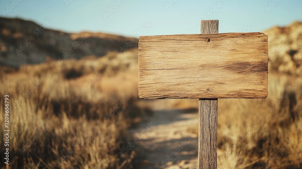 Natural wooden signpost standing alone on a rustic path surrounded by golden grasses in a serene outdoor setting. Natural wooden signpost standing alone on a rustic path surrounded by golden grasses in a serene outdoor setting.