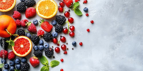 Fototapeta Naklejka Na Ścianę i Meble -  Vibrant flat lay of assorted summer fruits including oranges, raspberries, and blueberries on a light gray background with ample copy space