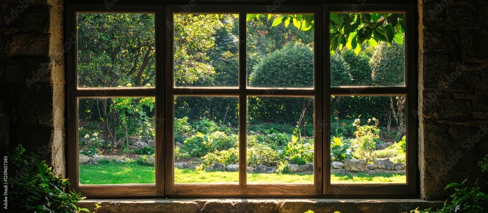 Tranquil garden vista framed by rustic wooden window showcasing vibrant greenery and natural elements with ample space for text placement