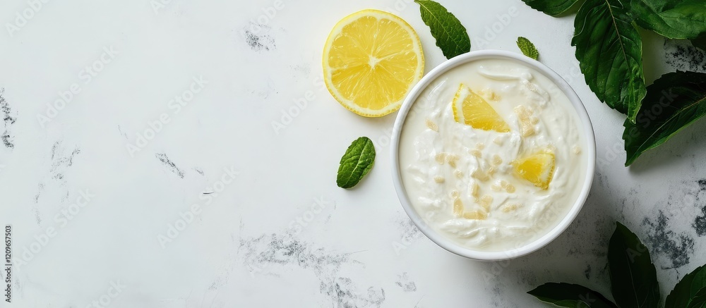 Creamy Lemon Coconut Dessert in White Bowl with Fresh Mint Leaves and Lemon Slices on Marbled Background for Healthy Summer Treat and Weight Loss Creamy Lemon Coconut Dessert in White Bowl with Fresh Mint Leaves and Lemon Slices on Marbled Background for Healthy Summer Treat and Weight Loss