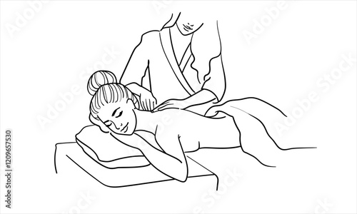 Woman getting massage continuous line art drawing isolated on white background. Spa salon line art. Vector illustration	