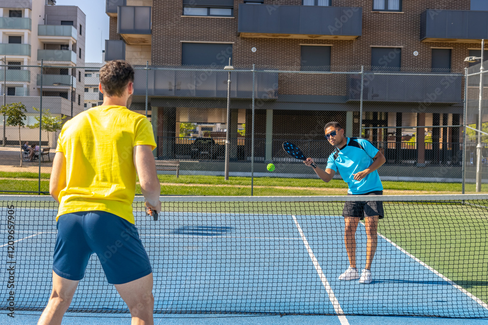 Obraz premium Two male pickleball players showing sportsmanship during training on a sunny day