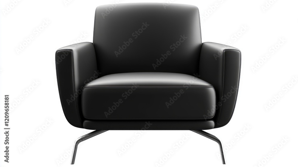 Fototapeta premium Minimalist black leather armchair with sleek chrome legs featuring a modern design and stylish silhouette for contemporary interiors