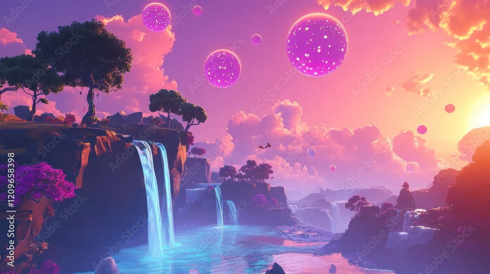 Obraz premium Surreal sunset landscape with waterfalls, vibrant pink sky, floating orbs, and lush vegetation.