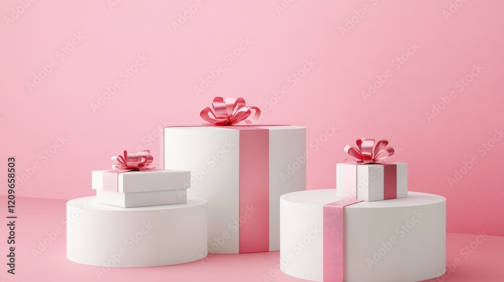 Elegant white pedestals with gift boxes in a pink showroom perfect for product display and promotional presentations