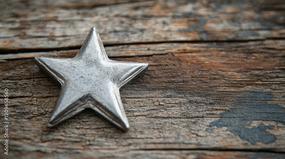 Silver decorative star on rustic wooden surface with ample copy space for creative designs or text placement Silver decorative star on rustic wooden surface with ample copy space for creative designs or text placement