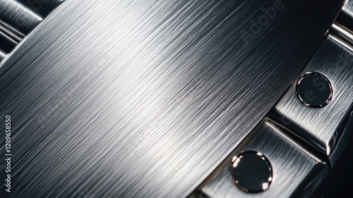 Brushed silver metal background with a smooth texture featuring a close-up of steel sheet and metallic accents photo