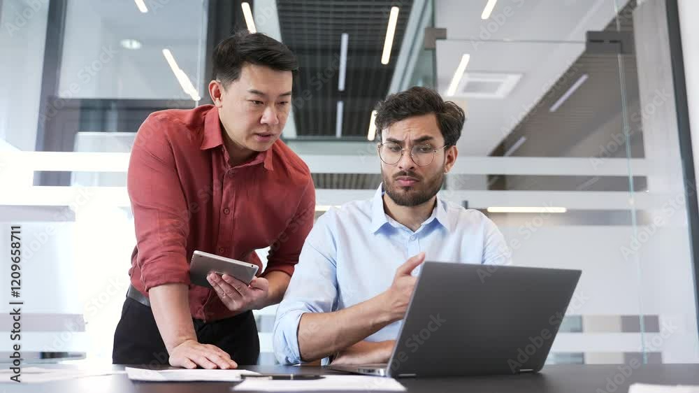 Two colleagues in office discussing project with laptop and tablet. Male manager advises, talking to employee. Business meeting. The boss consults the subordinate worker. Executive explains work issue