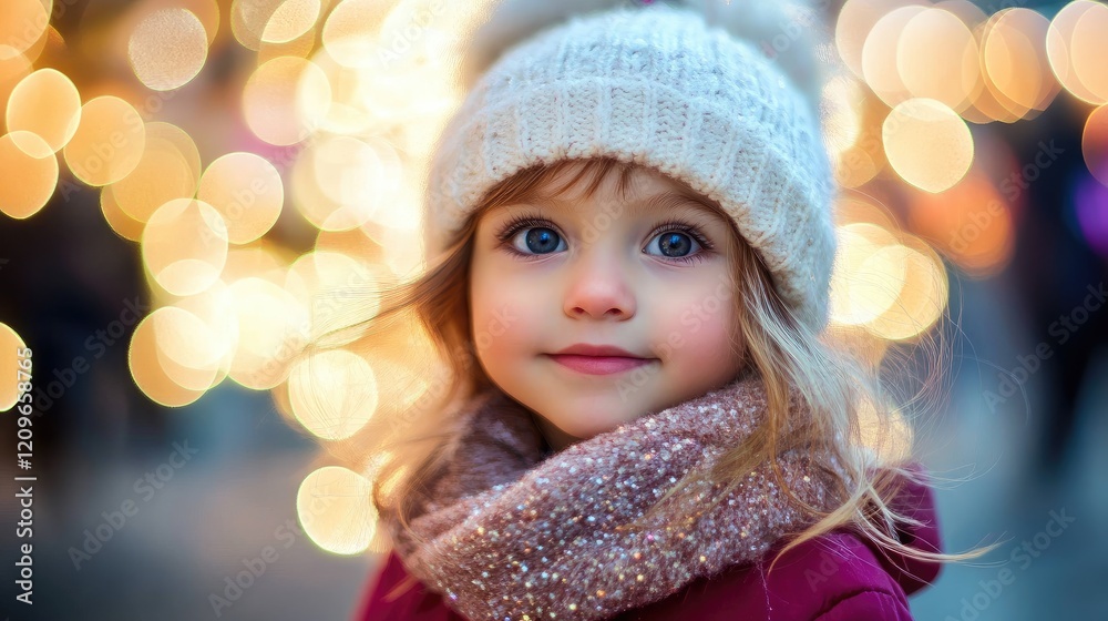 Charming portrait of a child in winter attire with soft bokeh lights creating a magical and festive atmosphere in the background Charming portrait of a child in winter attire with soft bokeh lights creating a magical and festive atmosphere in the background