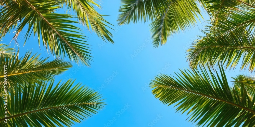 Vibrant green palm fronds framing a clear blue sky creating empty space for text with leaves positioned evenly along the edges for balance Vibrant green palm fronds framing a clear blue sky creating empty space for text with leaves positioned evenly along the edges for balance