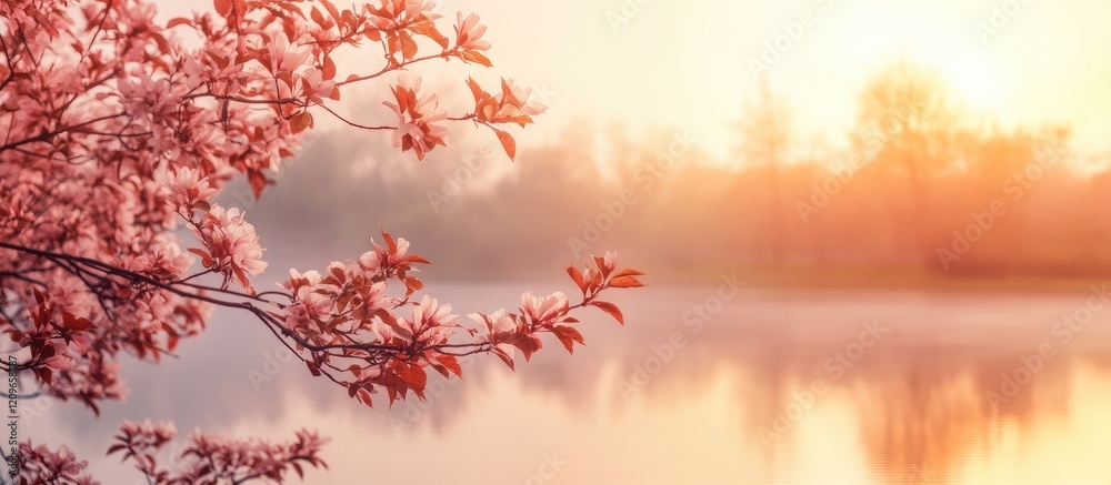 Peaceful Dawn Reflection Over Calm Lake with Gentle Pink Blossoms and Soft Golden Light in Tranquil Natural Setting Peaceful Dawn Reflection Over Calm Lake with Gentle Pink Blossoms and Soft Golden Light in Tranquil Natural Setting