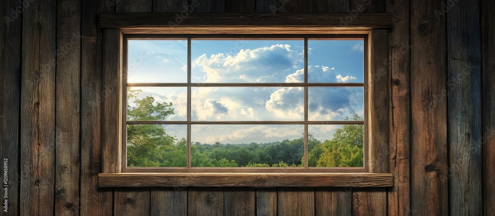 Fototapeta premium Rustic wooden wall with window showcasing clouds over a serene forest creating a peaceful natural atmosphere