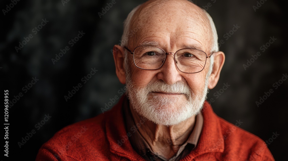 Senior male business advisor with glasses and beard in red sweater, smiling, against a dark background, representing guidance and consultation for seniors. Senior male business advisor with glasses and beard in red sweater, smiling, against a dark background, representing guidance and consultation for seniors.