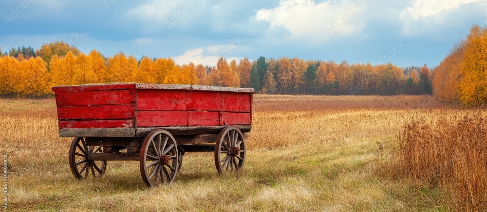 Obraz premium Red wooden wagon positioned in a tranquil rural landscape during autumn showcasing vibrant orange and yellow foliage under a cloudy blue sky