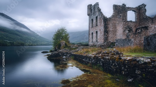 Abandoned ruins of a historic landmark by tranquil water surrounded by mountains under a moody sky photo