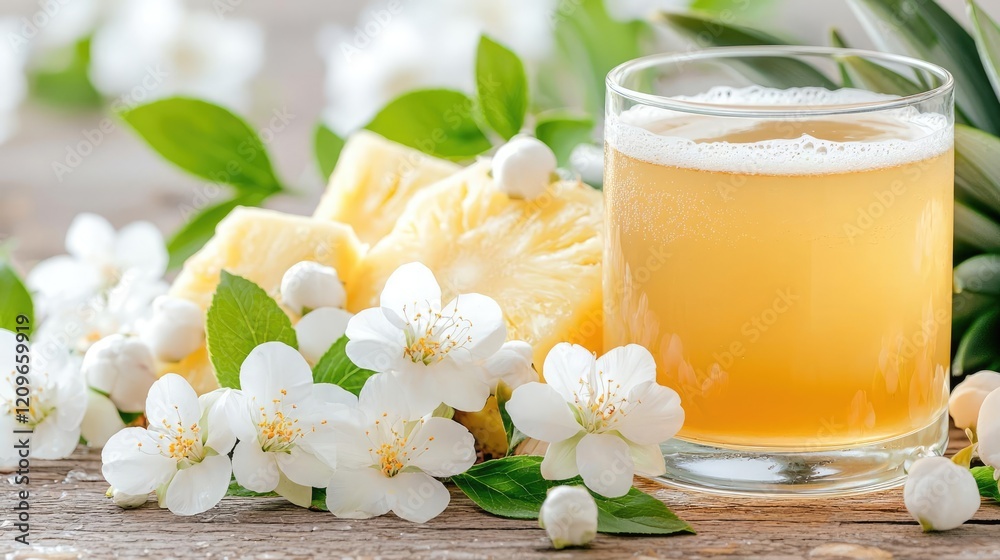 Refreshing pineapple juice with blossoms Refreshing pineapple juice with blossoms