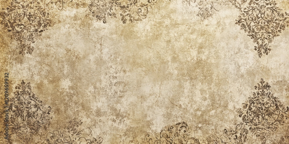 Fototapeta premium Textured vintage wallpaper with faded golden hues and intricate dark brown floral patterns on a distressed parchment-like background