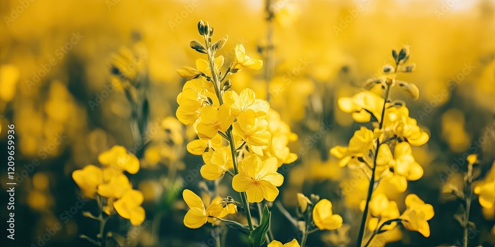 Vibrant yellow rapeseed flowers in full bloom against a blurred green field background showcasing nature's beauty and lushness in sunlight Vibrant yellow rapeseed flowers in full bloom against a blurred green field background showcasing nature's beauty and lushness in sunlight